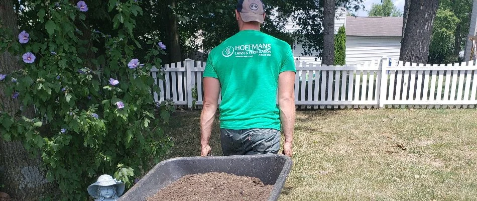 A professional lawn maintenance technician in Delaware, OH, pulling a wheelbarrow of mulch.