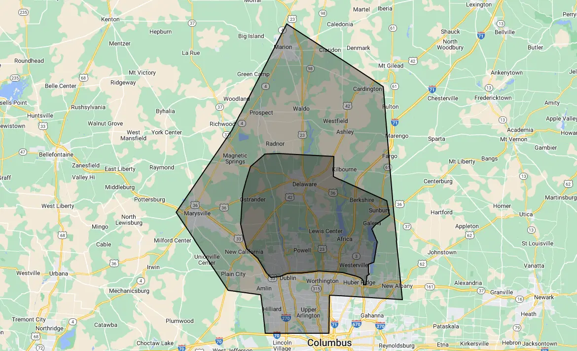 Hoffmans Lawn & Fertilization service areas map centered around Delaware, Ohio.