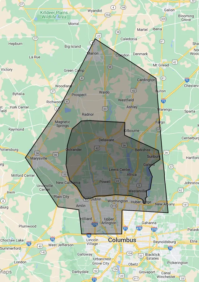 Northern Columbus, Ohio service map centered around Delaware, Ohio for Hoffmans Lawn & Fertilization